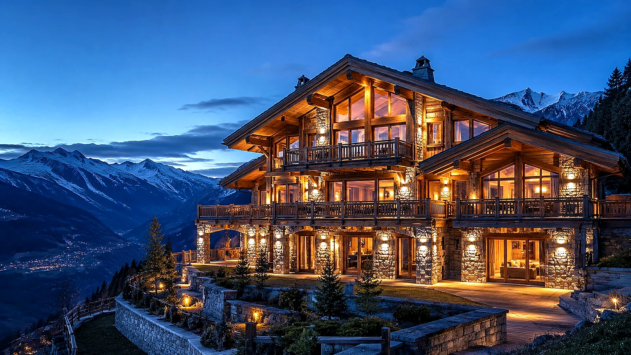 Representative Alpine chalet and mountain setting at dusk