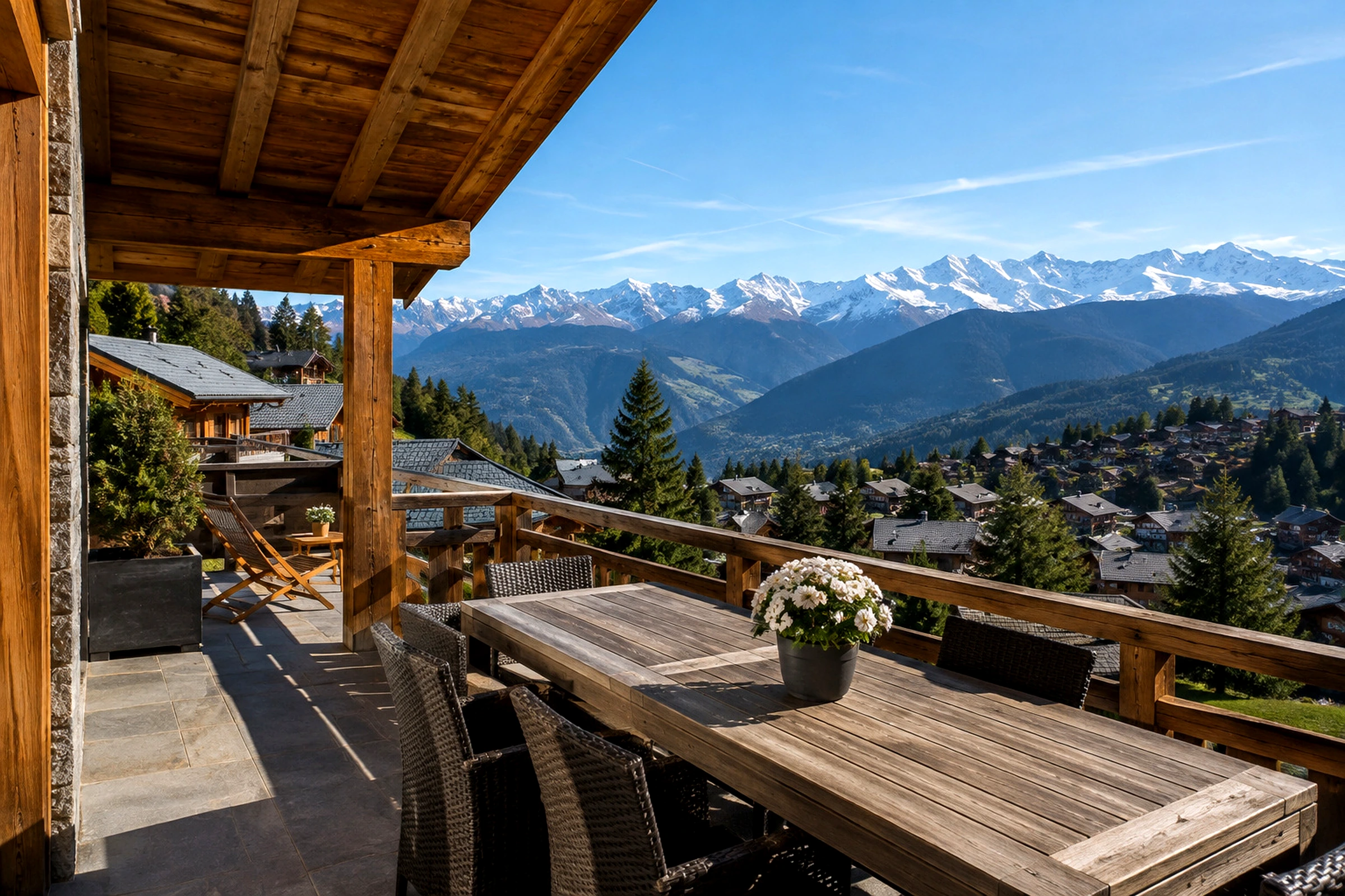 Representative luxury Alpine chalet terrace with mountain views