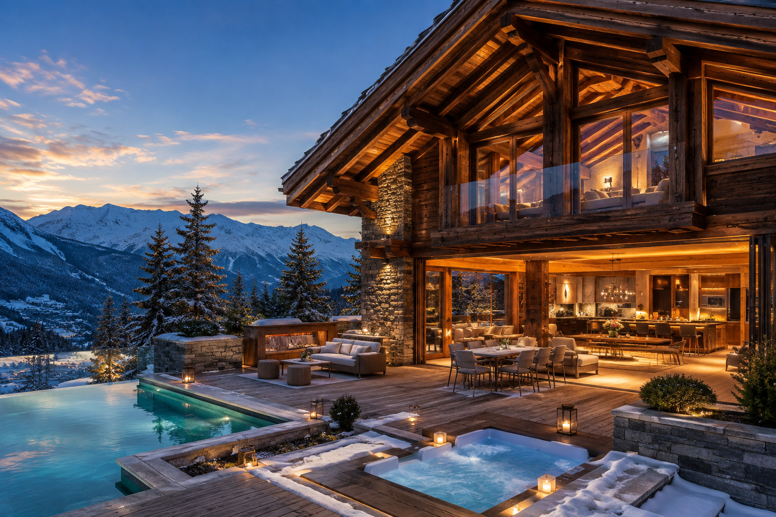 Representative family chalet with pool, terrace and alpine views — not the specific property