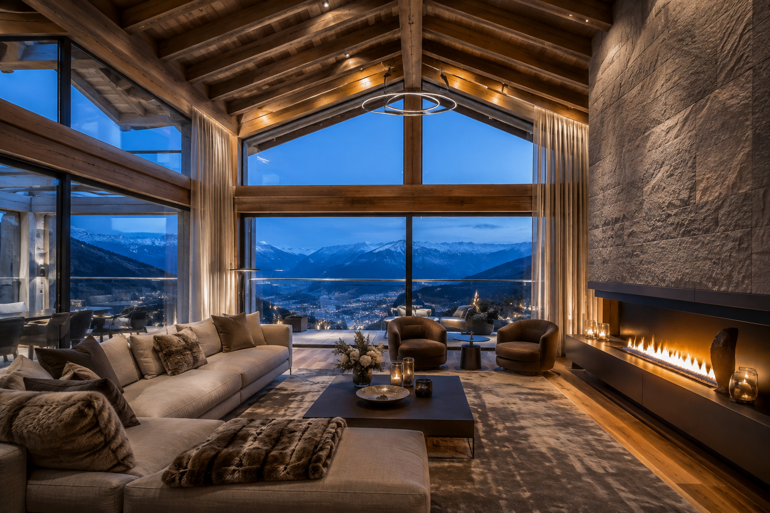 Representative luxury alpine apartment interior with mountain views — not the specific property