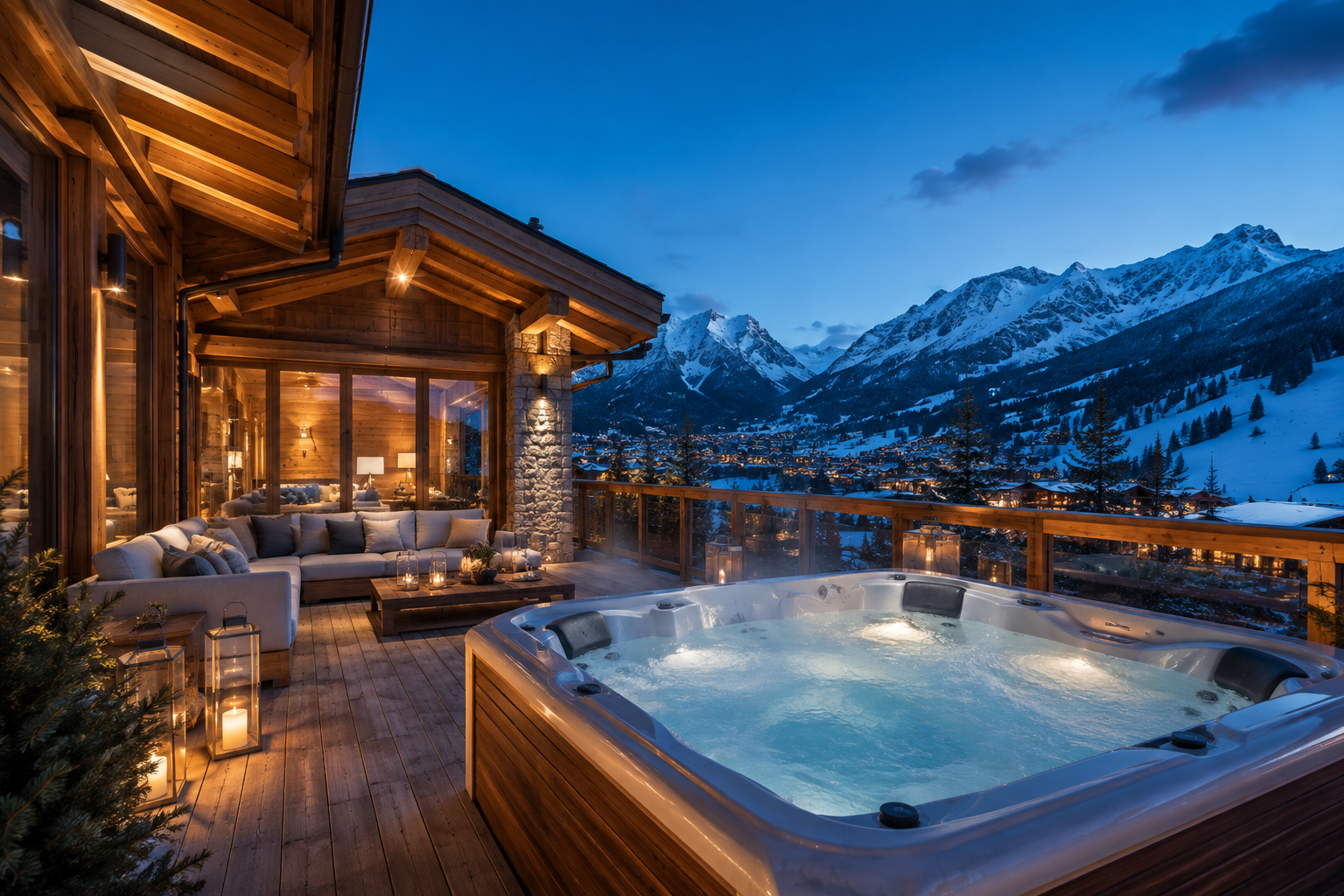 Representative ski-access alpine terrace with jacuzzi and mountain views — not the specific property