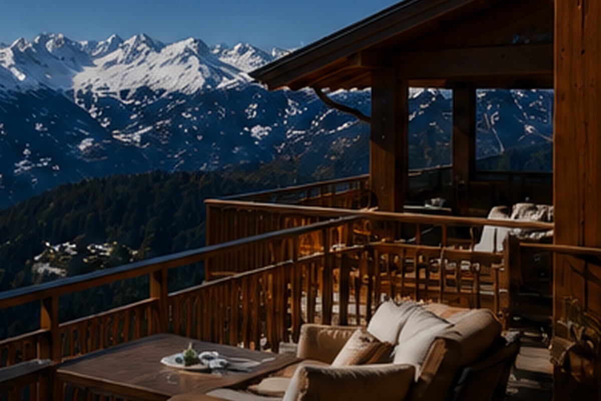 Representative mountain-facing Alpine apartment terrace — not a specific property