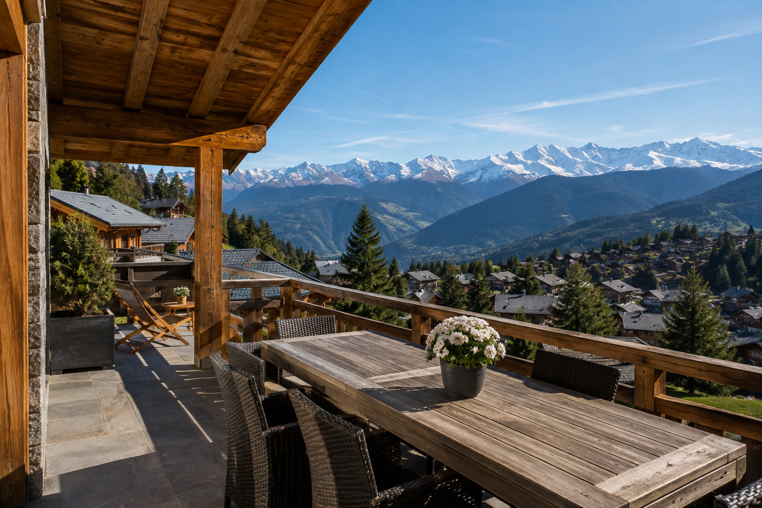 Representatief chalet-terras met Alpenzicht voor een Nendaz-zoektocht van CHF 2m–3m
