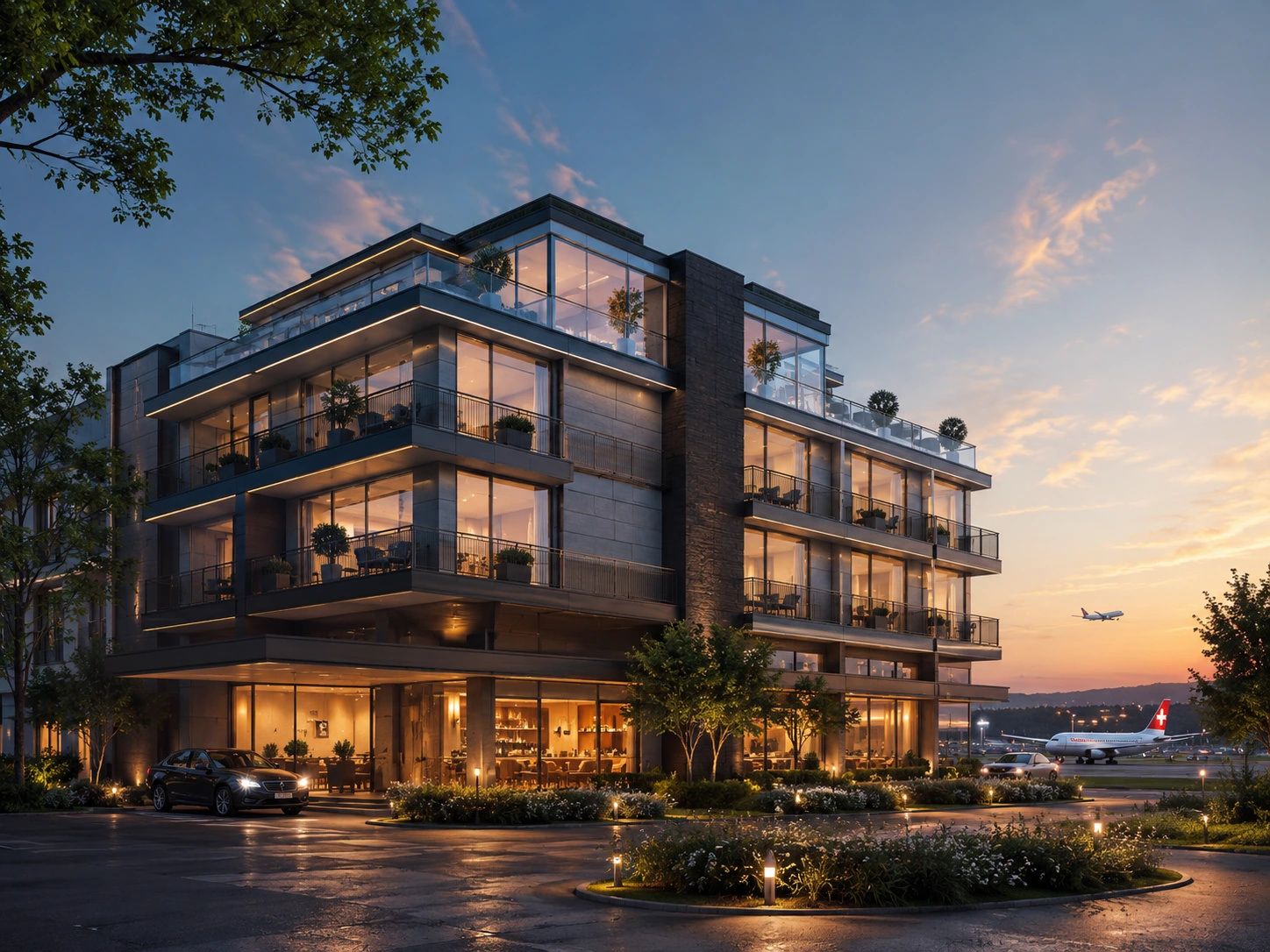Illustratives Rendering eines modernen Boutique-Hotels nahe eines Flughafens