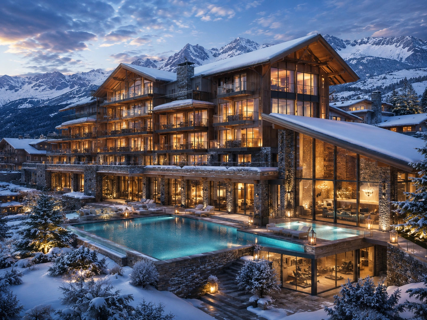 Illustratives Rendering einer modernen Hotelentwicklung in einem Schweizer Alpenresort