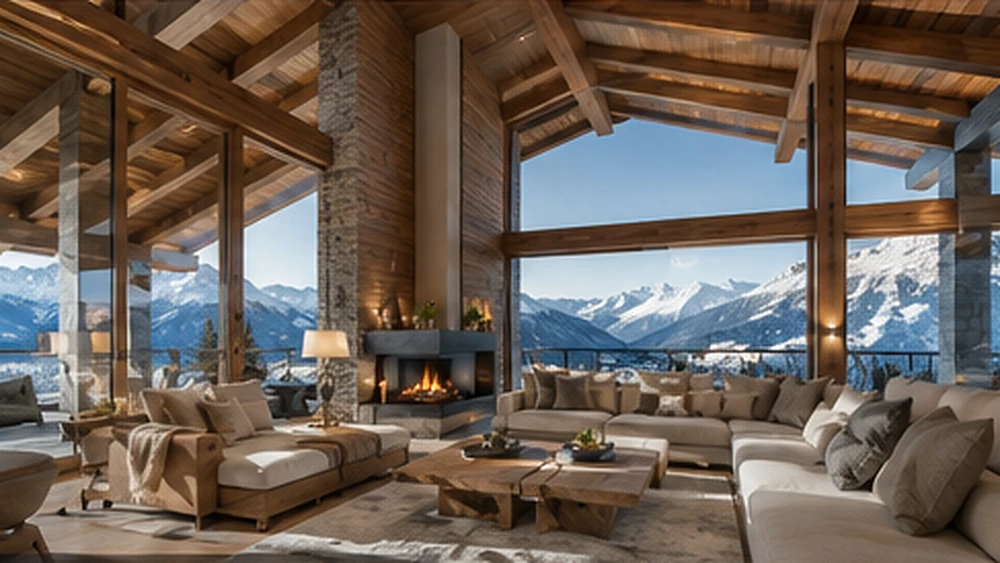 Representative double-height timber chalet living room with panoramic Alpine views — not the specific property