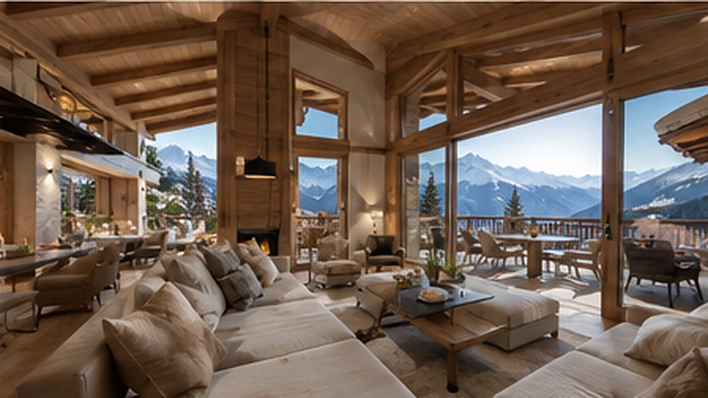 Representative luxury Alpine living room with timber beams and mountain views — not the specific property