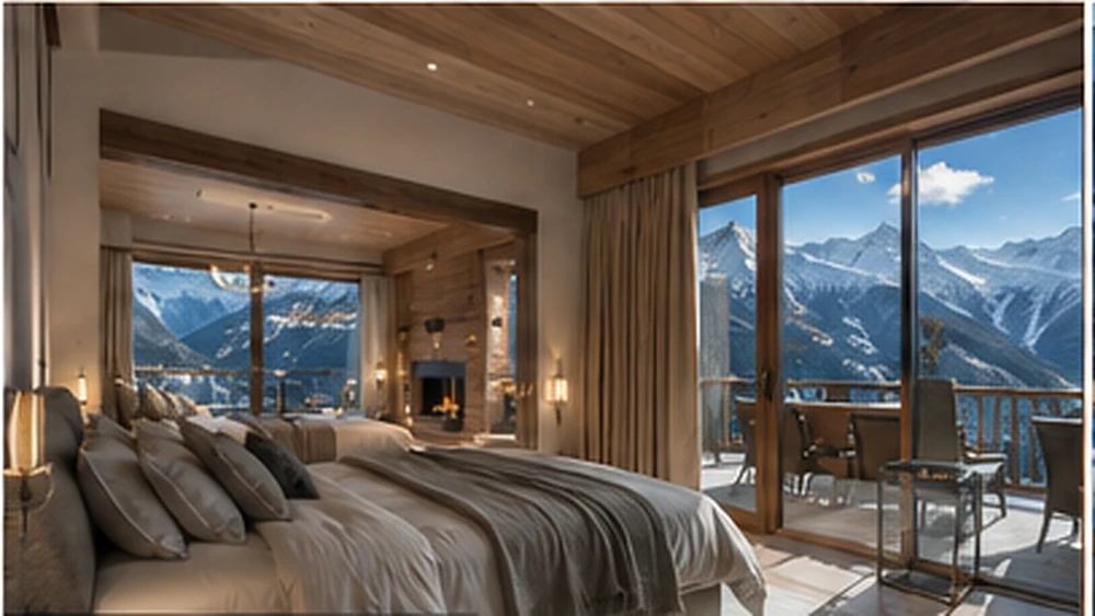 Representative luxury Alpine bedroom with balcony and mountain views — not the specific property