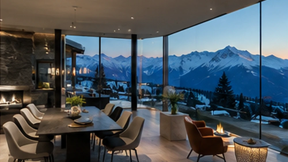Representative contemporary mountain-view apartment interior with panoramic glazing — not the specific property