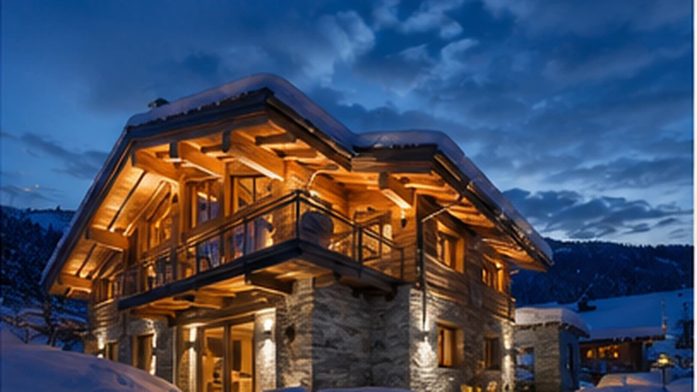 Representative trophy Alpine chalet exterior at dusk — not the specific property